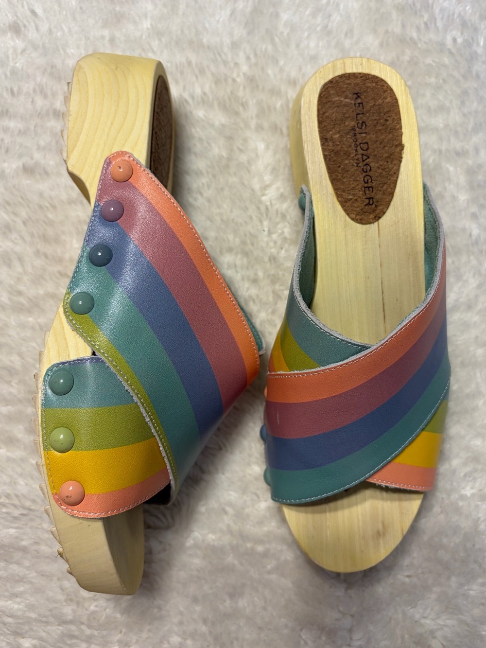 Kelsi Dagger pastel multicolor rainbow platform wooden clog sandal